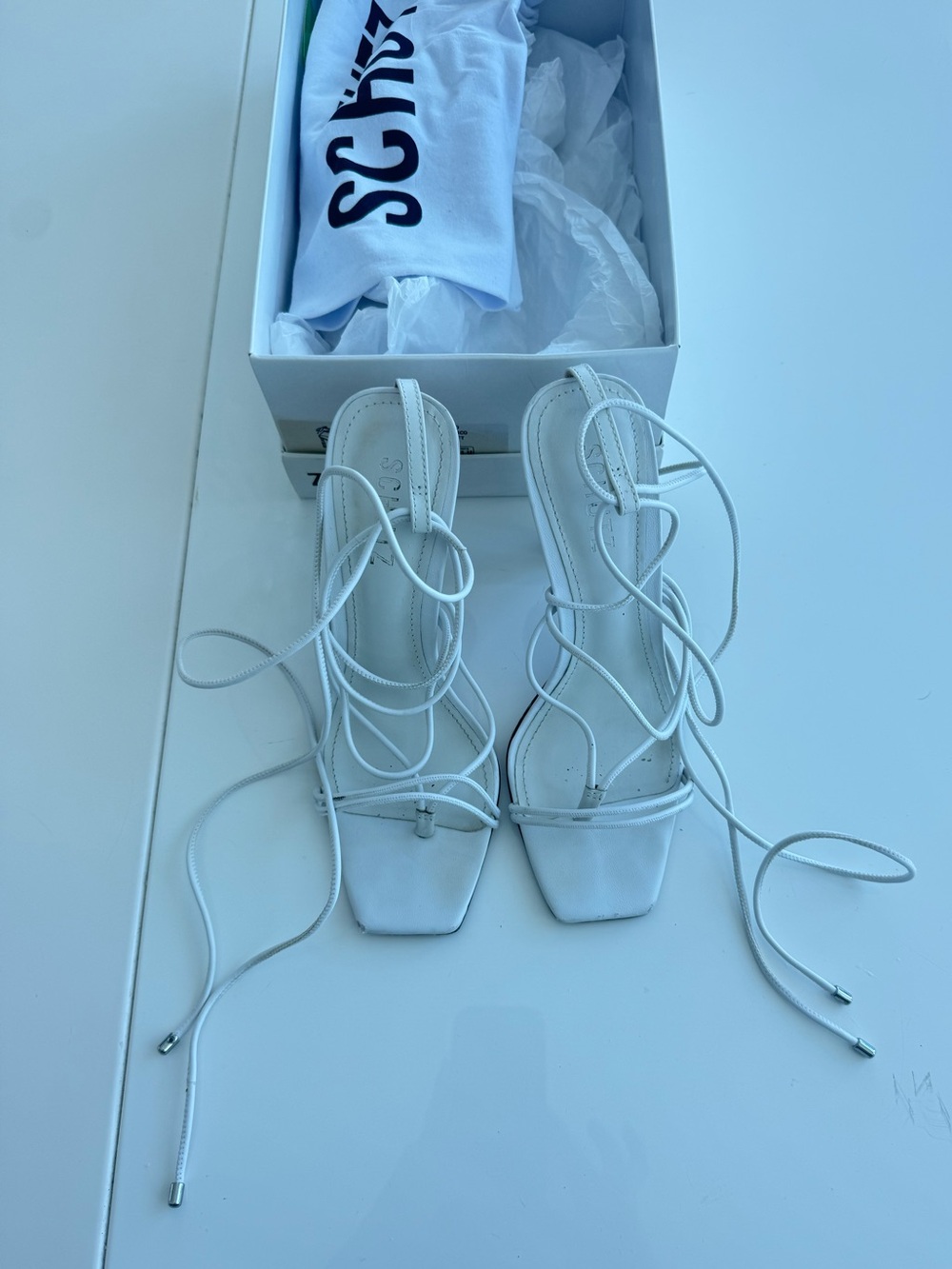 SCHUTZ White Lace-Up Square Toe Sandals by LIKE NEW W ORIGINAL BOX AND SUST BAG